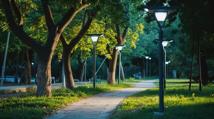 Solar-powered street lights in a park