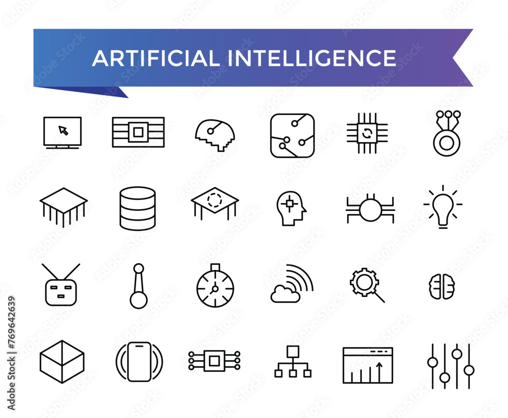 Poster artificial intelligence icon collection. machine learning, data science, ai, virtual assistant, gene