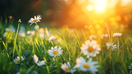 White daisies in a green field of grass with a warm sunset in the background