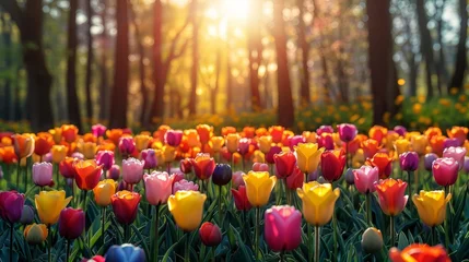 Foto op Canvas A vibrant field of colorful tulips basking in the sunlight, creating a beautiful and enchanting scene of natures artistry © nnattalli