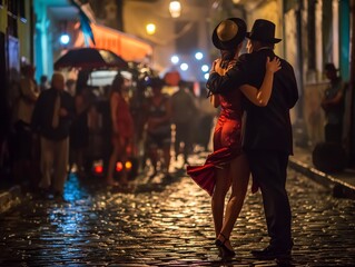 Couple dancing tango in a vibrant street scene at night, exuding passion and elegance.