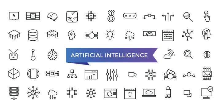 Artificial intelligence icon collection. machine learning, data science, AI, virtual assistant, generative AI, technology. Line vector icons set.