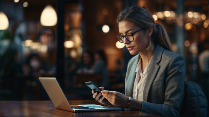Business woman using laptop and smartphone in cafe - Powered by Adobe