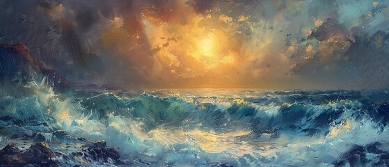 Rocky coastline, oil paint texture, crashing waves, cool dusk, standard focal length. - obrazy, fototapety, plakaty