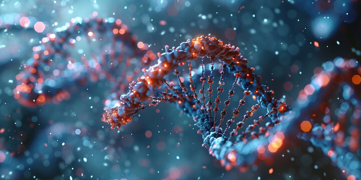 DNA sequence. Molecules structure dna code. Dna helix enlarged model in bright colors and spots