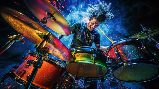 Drummer in motion capturing the energetic movement, rock music band blur shot