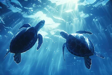Fotobehang Calm blue sea turtles, high angle, peaceful underwater scene, morning light ,professional color grading,soft shadowns, no contrast, clean sharp,clean sharp focus, digital photography, © Phawika