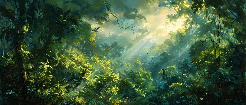 Rainforest canopy, oil painting style, monkeys playing, lush afternoon, high angle.