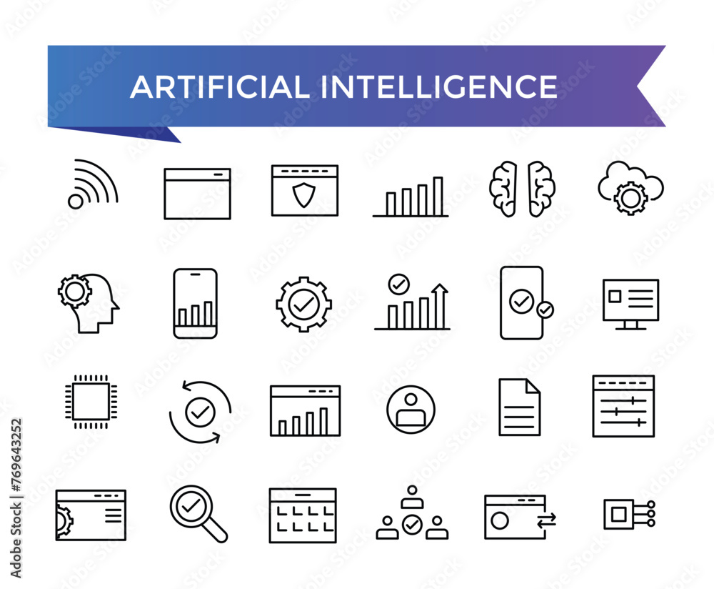 Poster artificial intelligence icon collection. machine learning, data science, ai, virtual assistant, gene
