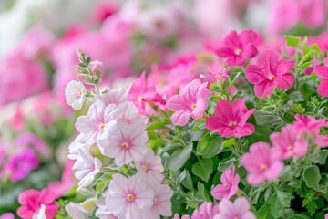 Fototapeta na wymiar A vibrant array of pink white petunia flowers basking in the sun, creating a beautiful and colorful sight in the garden