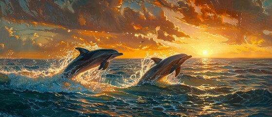 Ocean horizon, oil painting, dolphins leaping, sunset glow, telephoto perspective.