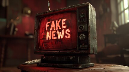 A striking red sign labeled Fake News is prominently displayed on a wooden table, serving as a reminder to be cautious of deceptive information in media - obrazy, fototapety, plakaty