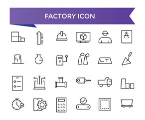 Factory icon collection. industry, production, machine, manufacture, warehouse, fabrication, goods and more. Line vector icons set.