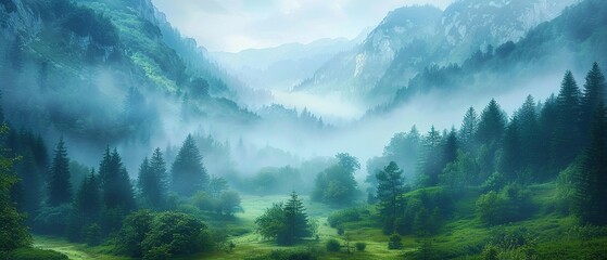 Mountain valley, oil painting style, misty morning, soft light, wide angle view. - obrazy, fototapety, plakaty