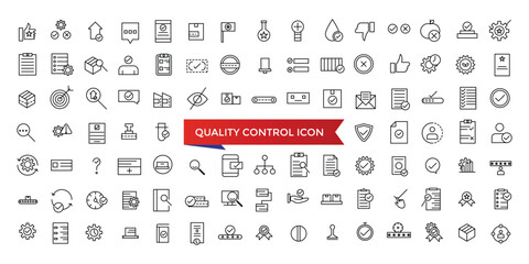 Quality control icon collection. evaluation, product, quality assurance, process, testing and more. Line vector icons set. - obrazy, fototapety, plakaty