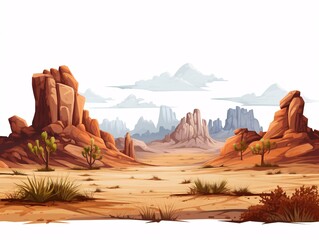 a desert landscape with rocky hills and bushes