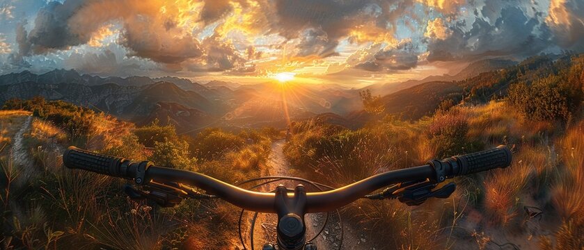Mountain biking, oil paint style, rugged trail, dynamic sunset, wide angle shot.