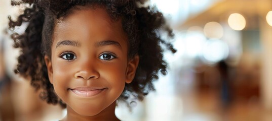 Happy curly haired child smiling cheerfully and making eye contact with the camera