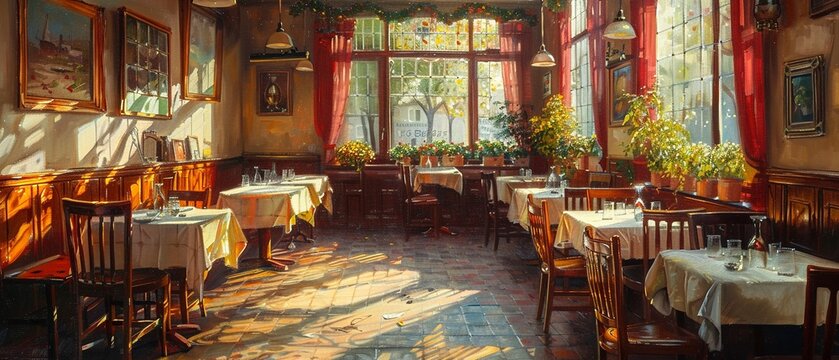 Italian bistro, oil painted, pasta dishes, cozy evening light, medium focal length.