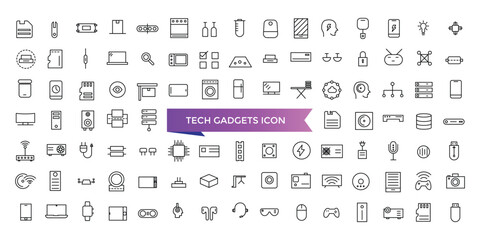 Fototapeta na wymiar Tech gadgets icon collection. smartphone, laptop, tablet, smartwatch, drone, headphones, digital camera, gaming console and more. Line vector icons