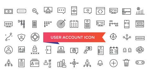 User account icon collection. profile, password, login, username, avatar, connect, add friend and more. Line vector icons set.