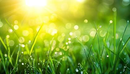 Fresh green grass with morning dew sparkles in the gentle sunlight. - obrazy, fototapety, plakaty