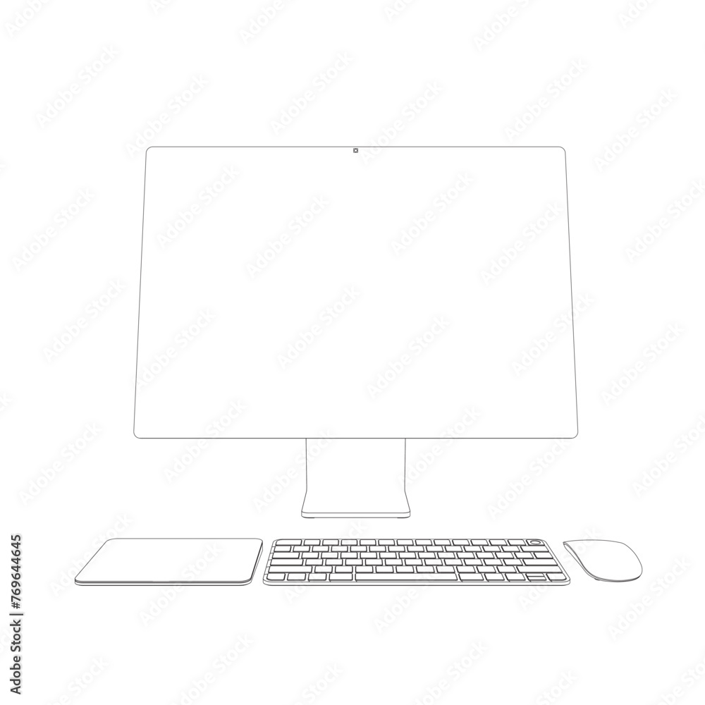 Poster monitor pc mockup. outline thin frame monitor or pc with mouse and keyboard isolated on white backgr