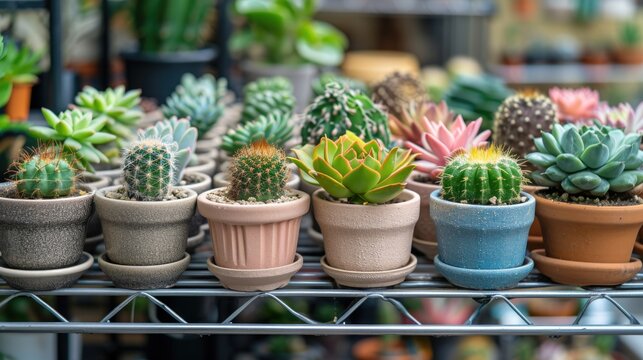 Cactus and Succulent and in pots, arranged on a modern metal rack