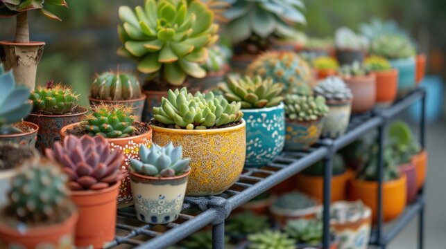 Succulents and cacti in pots, arranged on a modern metal rack