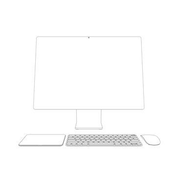 Monitor PC mockup. Outline thin frame monitor or PC with mouse and keyboard isolated on white background. Contour for web site, presentation, or advertising. Vector monitor, keyboard, computer mouse
