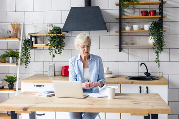 beautiful elderly senior woman in cosy kitchen works on laptop and speaking by phone, beautiful gray haired woman works online, pays bills, studies and communicates, concept of active old age - obrazy, fototapety, plakaty