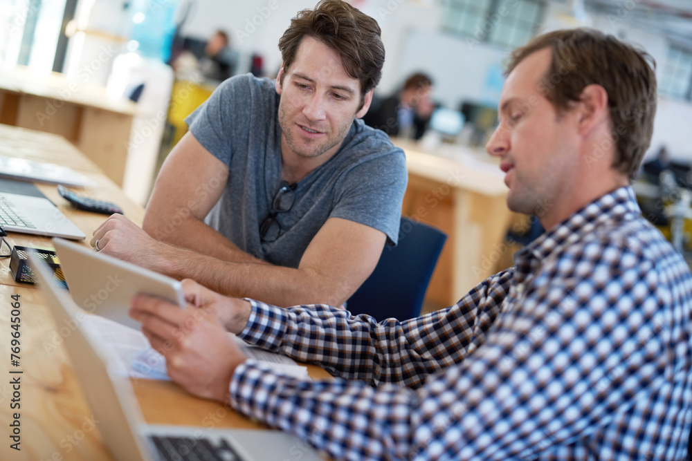 Poster business people, discussion and tablet for collaboration on idea, problem solving and teamwork. men,
