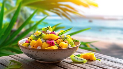 Tropical fruit bowl at sea beach