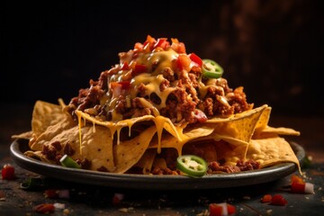 Delicious nachos on a rustic plate against a polished cement background