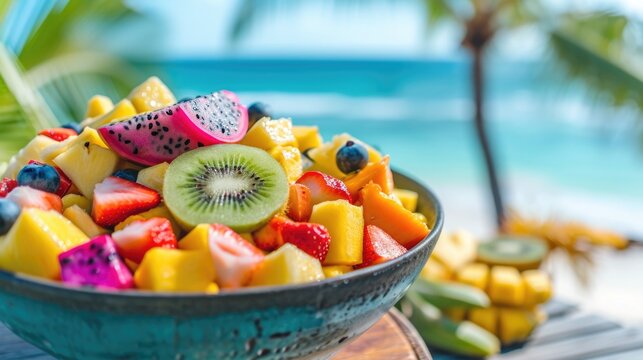 Tropical fruit bowl at sea beach