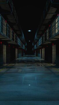 Inside prison corridor at night. Camera passing by cells with wet floor. 3d rendering. seamless loop. Vertical orientation