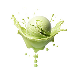  Green Ice cream scoop or ball with splash levitating and flying, isolated on white background. Front view - PNG