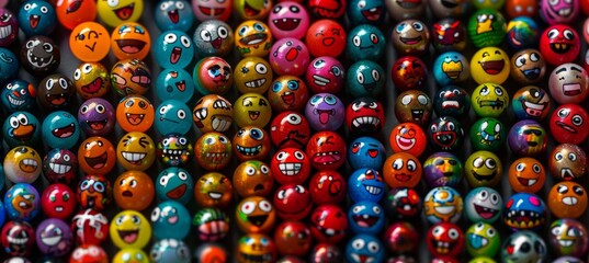 Colorful close up of diverse emoji balls showcasing a range of emotions for vibrant displays - obrazy, fototapety, plakaty