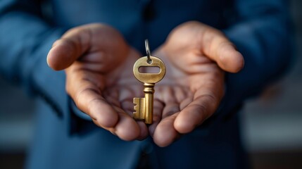 Close-up of an entrepreneur's hands holding a key, symbolizing unlocking opportunities for business growth and success.