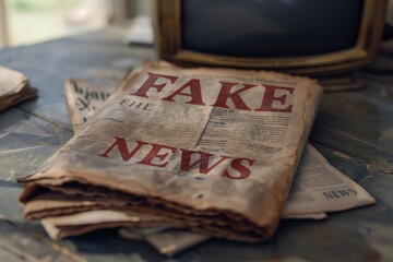 A pile of fabricated news articles stacked on top of a table, highlighting the presence of misinformation in media