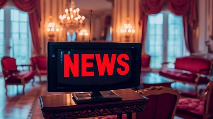 A television screen displaying the word news in bold, captivating letters, ready to inform and enlighten viewers on current events happening around the globe