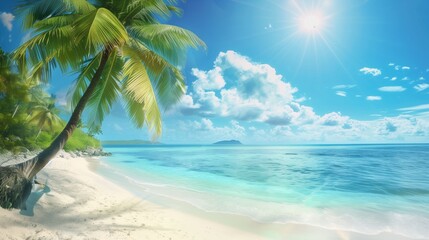 Fototapeta na wymiar perfect landscape for relaxing vacation tropical beach with white sand turquoise ocean on background blue sky with clouds on sunny summer day palm tree leaned over water island Maldives
