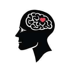 Mental health silhouette, heart in brain vector illustration