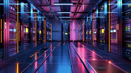 Modern Data Center with Rows of Servers and Cooling Systems