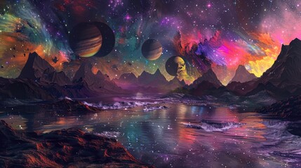 Fototapeta premium Outer space sky with light neon stars background. AI generated image