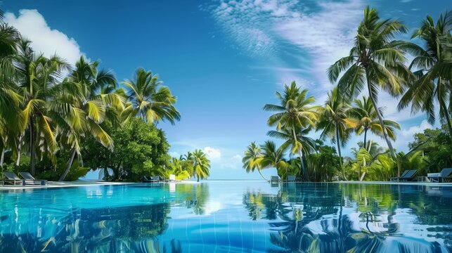 colorful image for summer vacation lush tropical palm trees against blue sky with white clouds are reflected in turquoise textured wavy water on sunny day