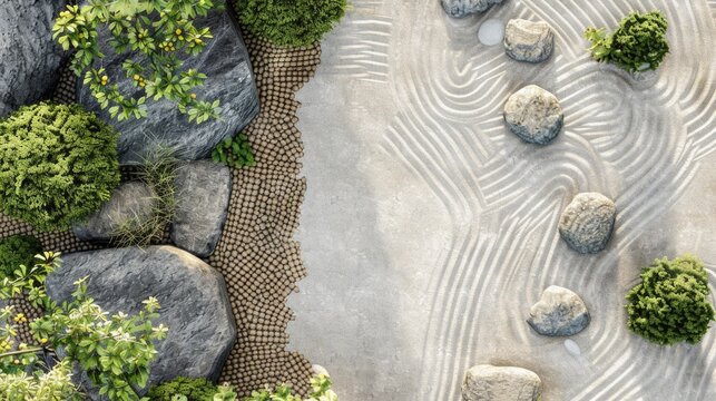 Zen garden with meditation stone and raked sand