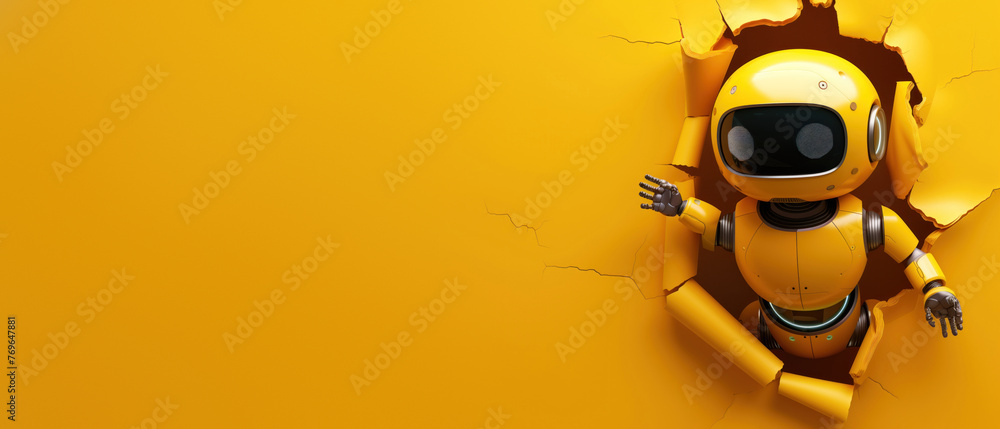 Poster cheerful yellow robot with black detailing appears to break through a vibrant yellow wall, creating 