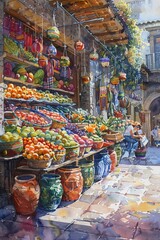 Fototapeta premium Traditional Mexican Market Scene, Watercolor Painting Of Vendors Selling Fresh Produce Under A Shaded Arcade, Rich Colors, Lively Atmosphere. Vertical postcard. AI Generated