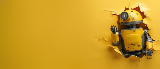A vibrant yellow robot with expressive gestures emerges from a solid golden backdrop, adding to the theme of novelty - obrazy, fototapety, plakaty